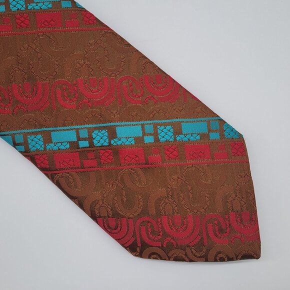 Sears Necktie Stripe Tan Red Teal Geometric Polyester 4" W 53" L - Picture 2 of 6